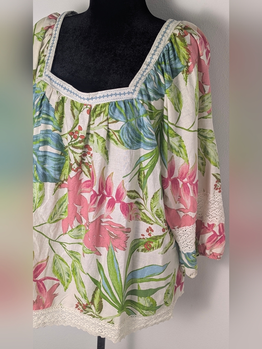 Nicole Miller Sz 1X Linen Blend Tropical Print 3/4 Puff Sleeve Lace Tunic Top - Picture 3 of 13